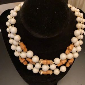 Vintage white and gold wooden and Beads Necklace.